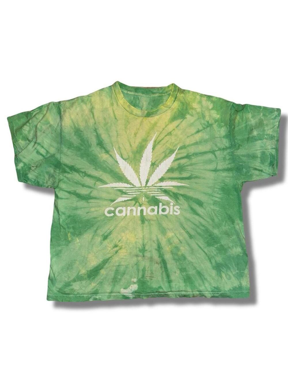 Vintage Y2K Cannabis x Adidas rip / parody shirt - green tie dye - drugs skater